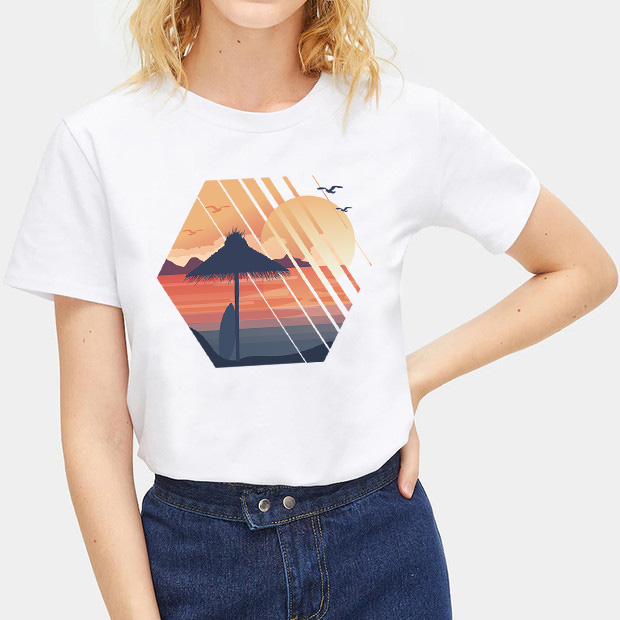 Women Fashion Landscape T-Shirt Shirts Tops Blouse Casual Tee Short Sleeve Size