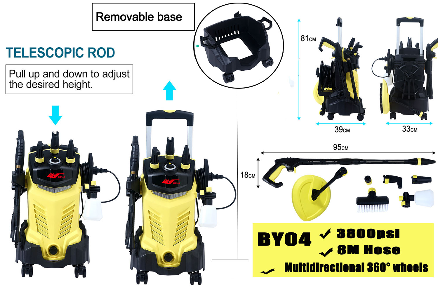 BigYao 3800 PSI Electric High Pressure Cleaner Washer Gurney Water Pump