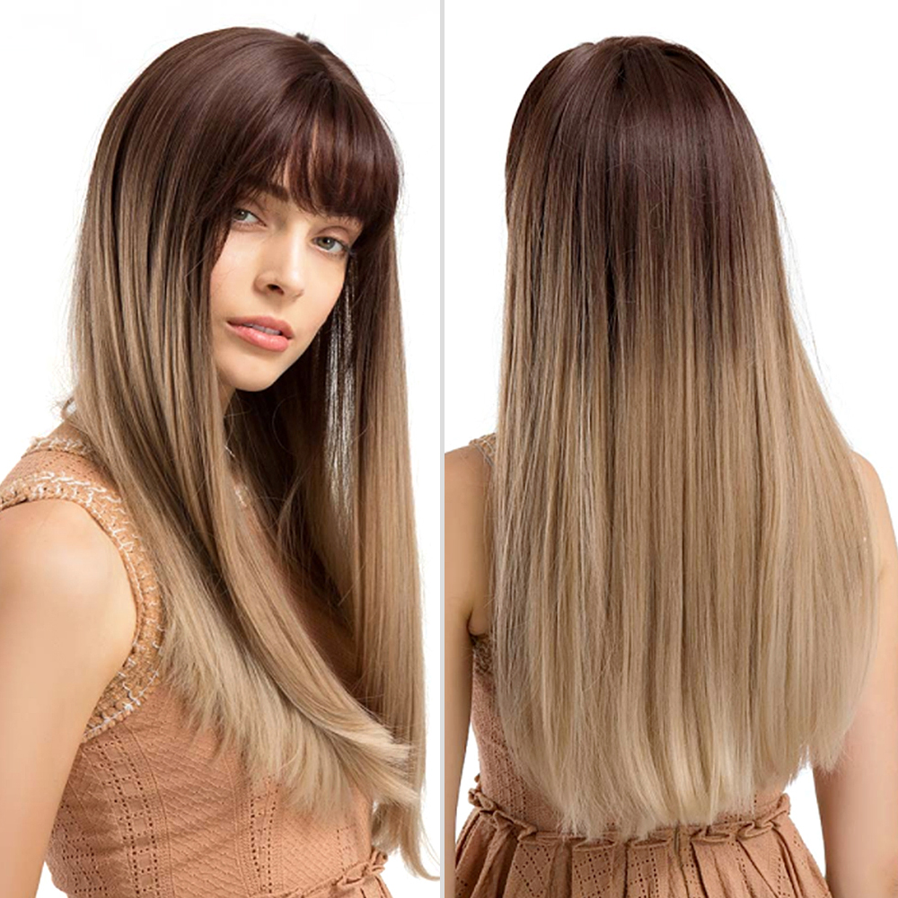 Stylish Women Long Straight Wig Ombre Natural Brown Blonde Hair
