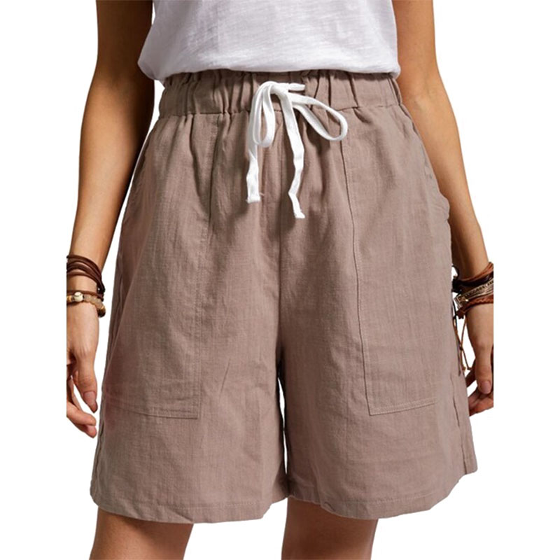 Women Cotton Linen Drawstring Shorts 