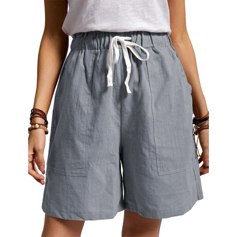 Women Cotton Linen Drawstring Shorts 