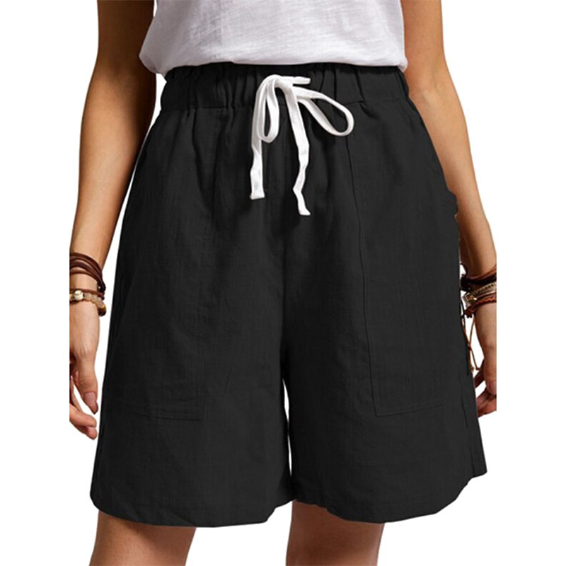 Women Cotton Linen Drawstring Shorts 