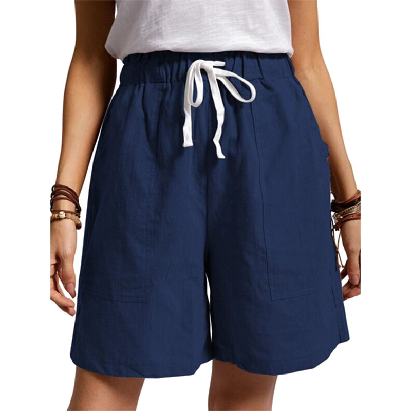 Women Cotton Linen Drawstring Shorts 