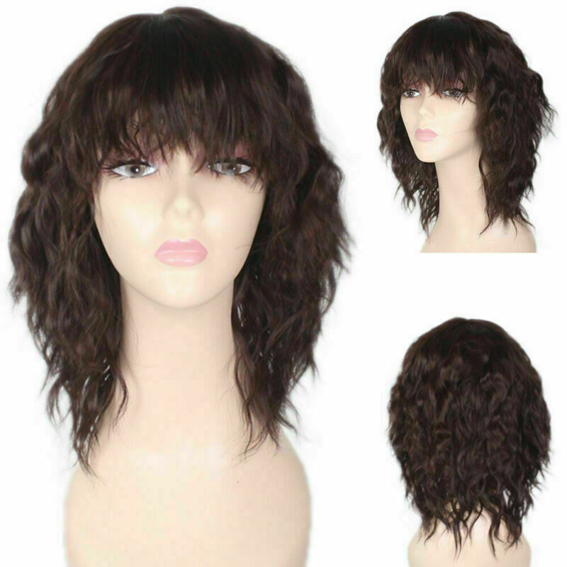 Women Short Wavy Curly Full Wig With Bangs Synthetic Hair Cosplay
