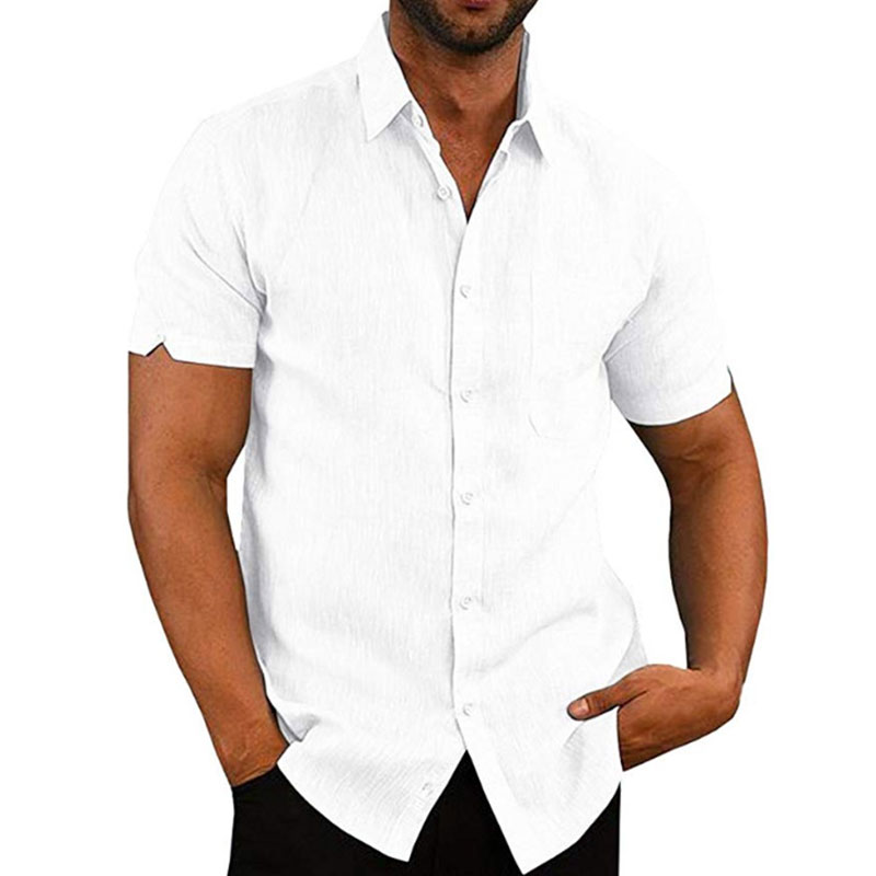 thumbnail 8 - Mens Linen Style Short Sleeve Solid Shirts Casual Fit Formal Dress Top Tee Shirt