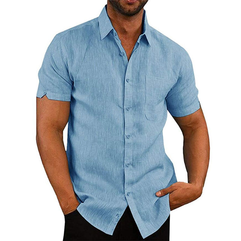 thumbnail 11 - Mens Linen Style Short Sleeve Solid Shirts Casual Fit Formal Dress Top Tee Shirt