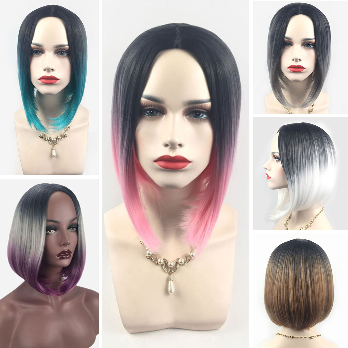 Multi Mix Gradient Color Bob Style Synthetic Wigs Short Straight