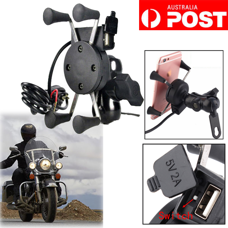 Universal Motorcycle Motorbike Mobile Phone Mount Holder X Grip Clamp USB Charge 607111004554 eBay
