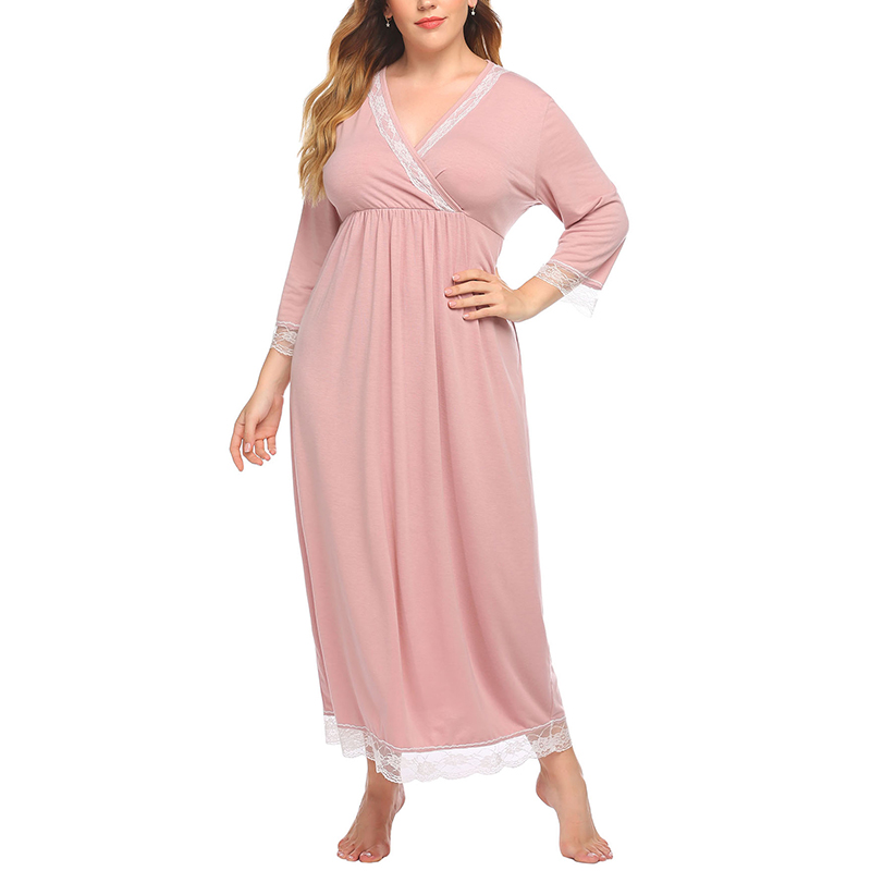 Womens Plus Size V Neck Lace Sleepwear Long Dress Long Sleeve Nightwear