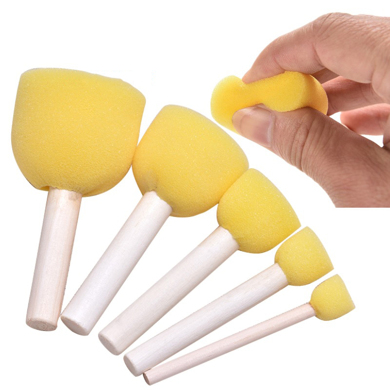 5x DIY Round Sponge Paint Brushes Wooden Handle Graffiti Painting