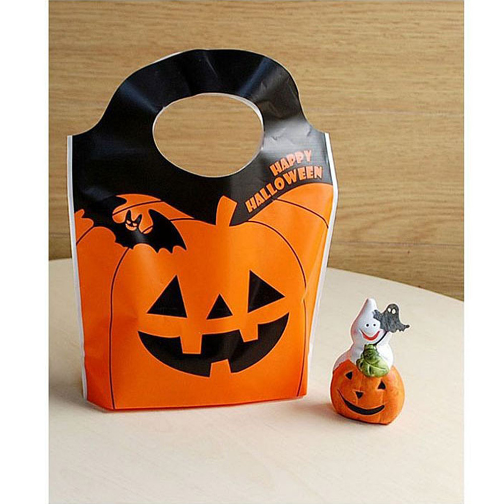 50x Happy Halloween Orange Pumpkin Plastic Tote Bag Trick or Treat Gift ...