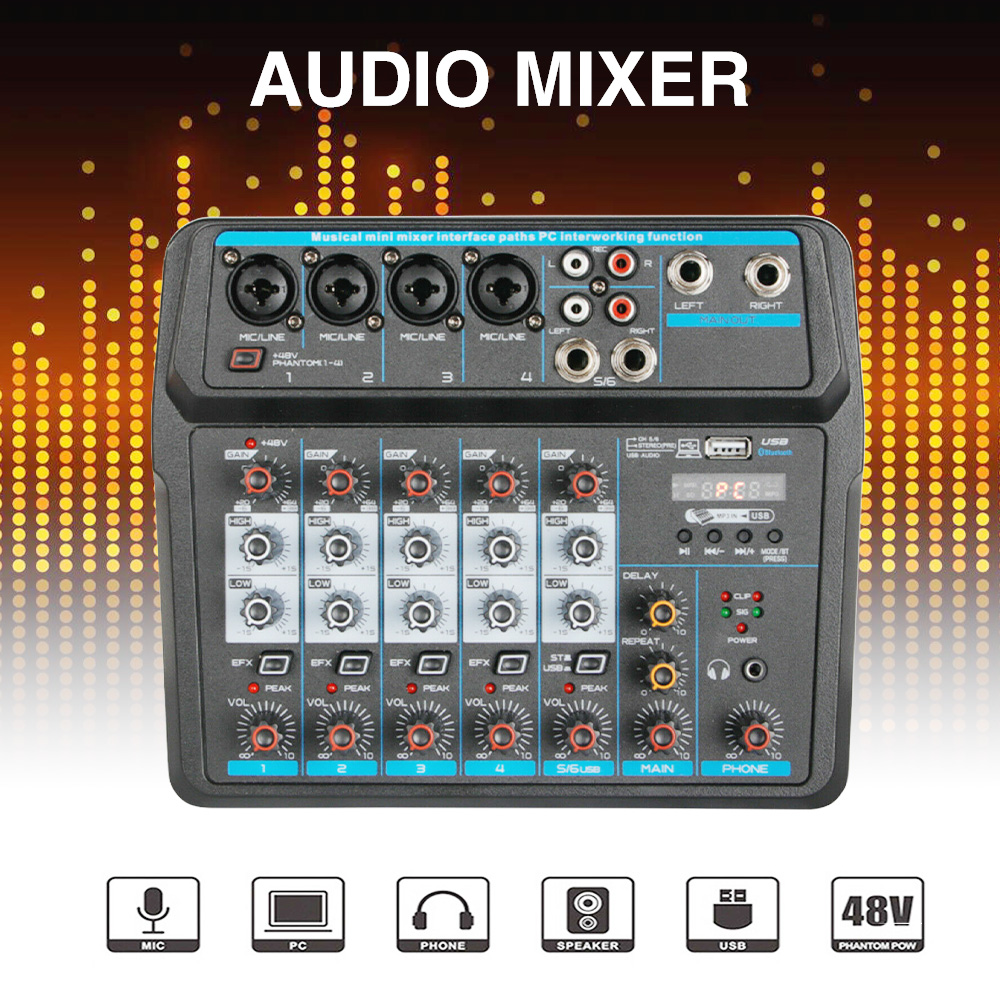 4 6 Channels Audio Mixer Sound Mixing Console USB Record DJ Mixer Bluetooth - Picture 13 of 14