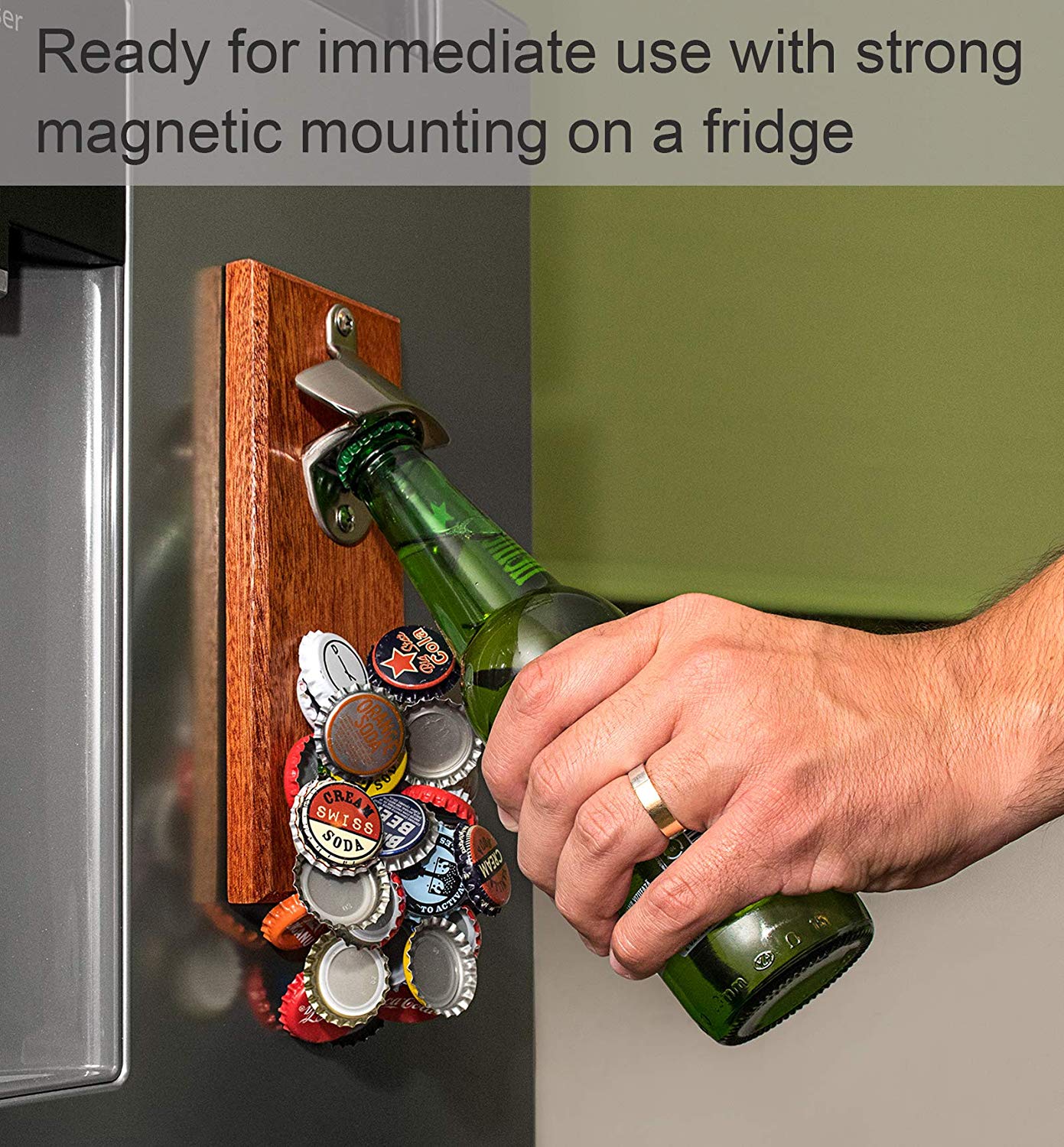 Wall Mounted Bottle Opener With Magnetic Cap Catcher Wooden