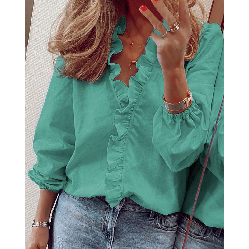 Womens Long Sleeve Shirts Blouse Ladies Ruffle V Neck Tops T Shirts Plus Size - Picture 10 of 15
