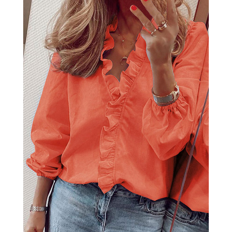 Womens Long Sleeve Shirts Blouse Ladies Ruffle V Neck Tops T Shirts Plus Size - Picture 12 of 15
